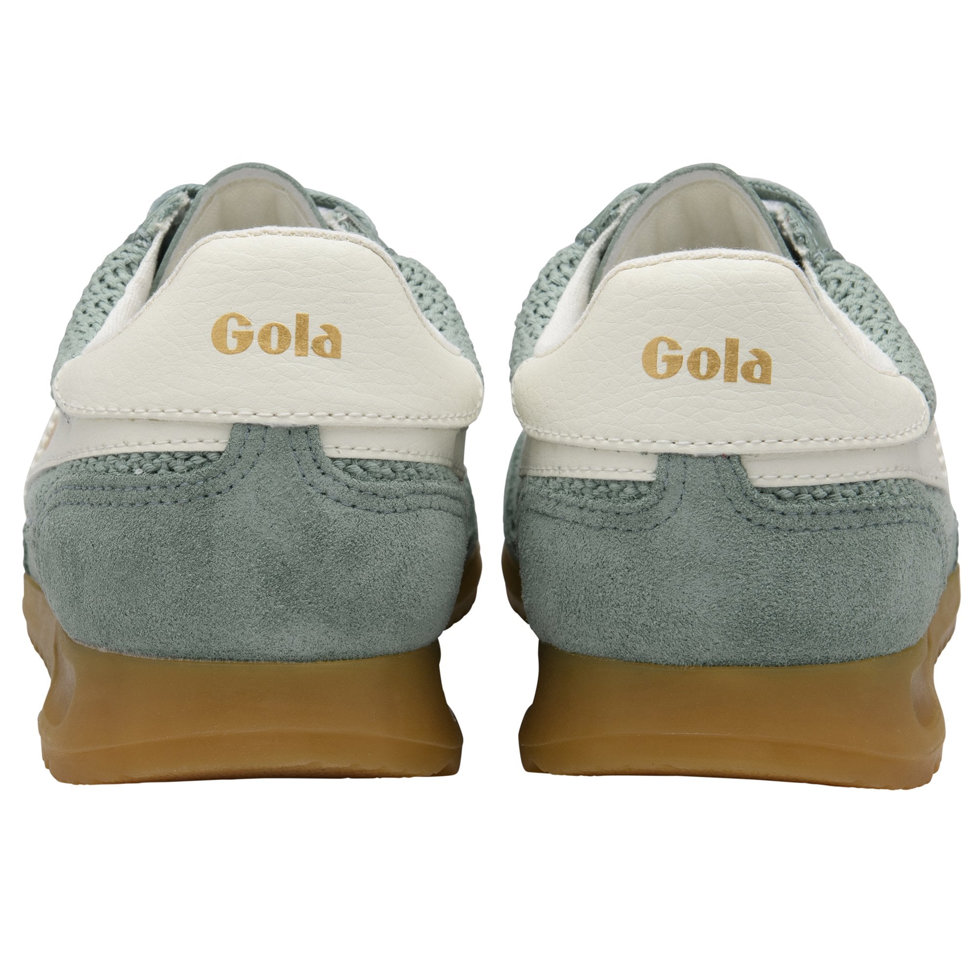 Back view of two Gola sneakers in light green and white with brown soles.