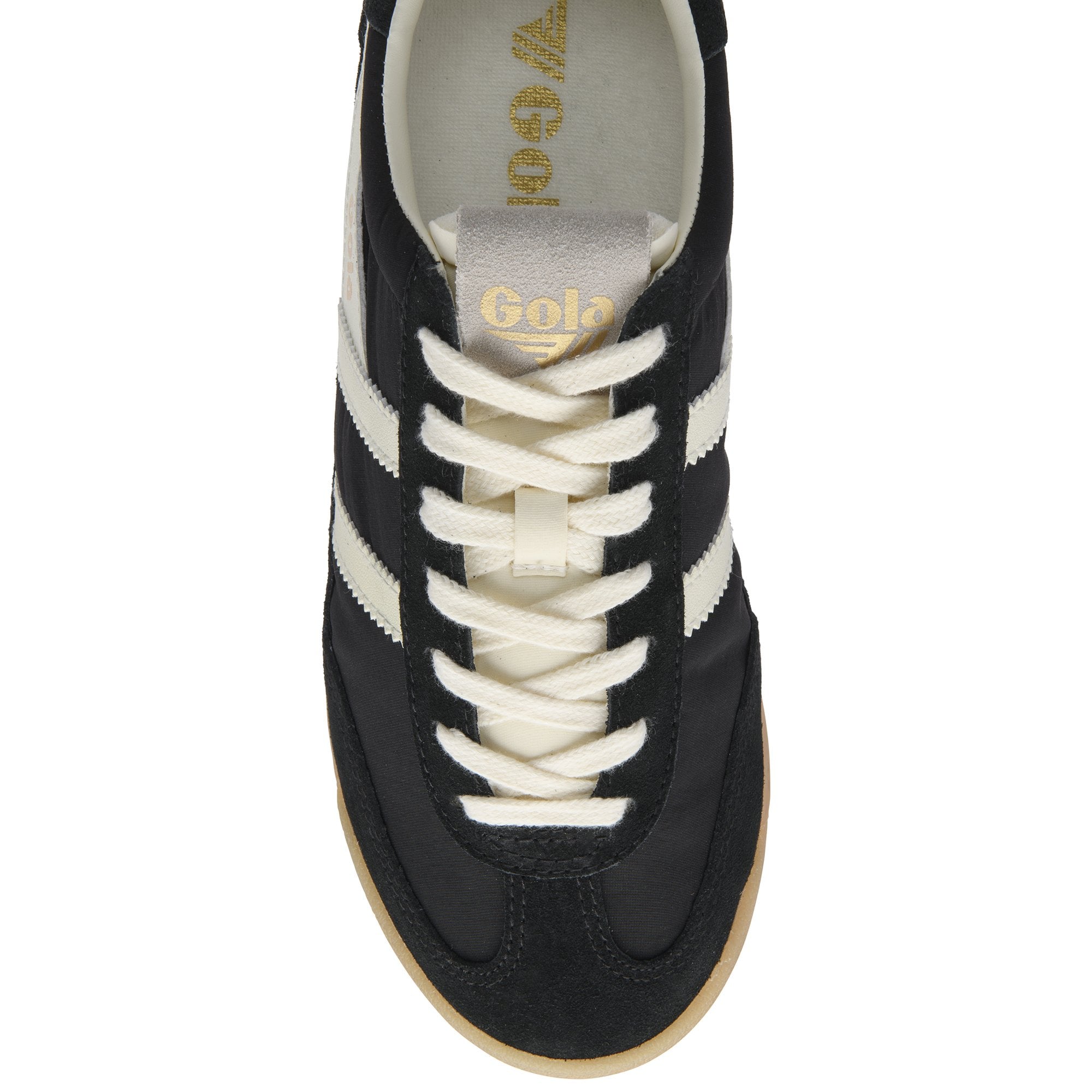 Black Gola Harrier sneakers with white stripes and cream laces.