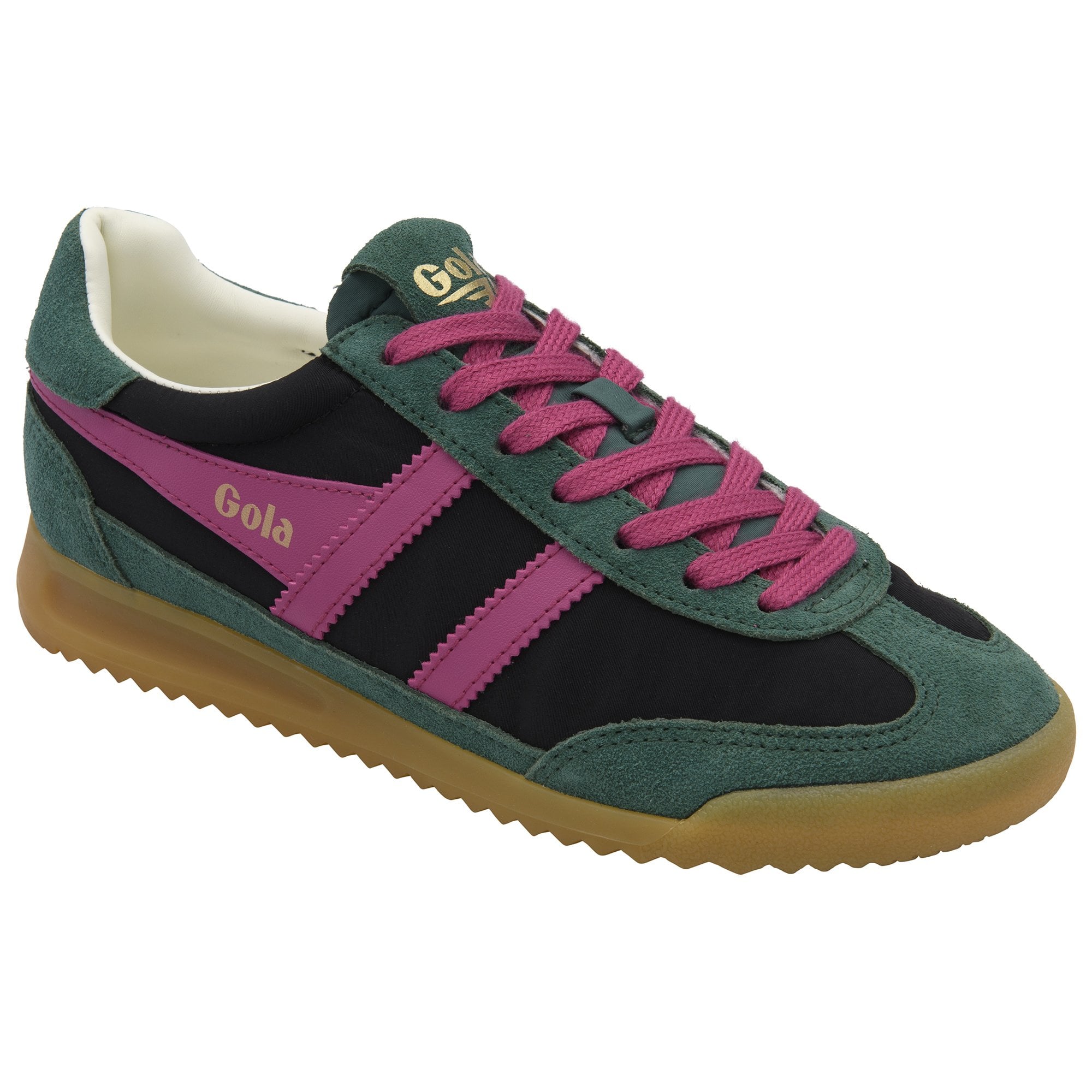 Black, green, and pink Gola sneakers with a brown sole.