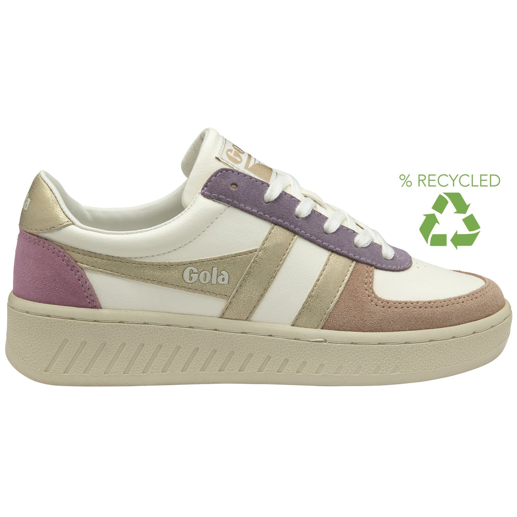 White, gold, and purple Gola sneakers with a green recycled symbol.
