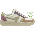 White, gold, and purple Gola sneakers with a green recycled symbol.