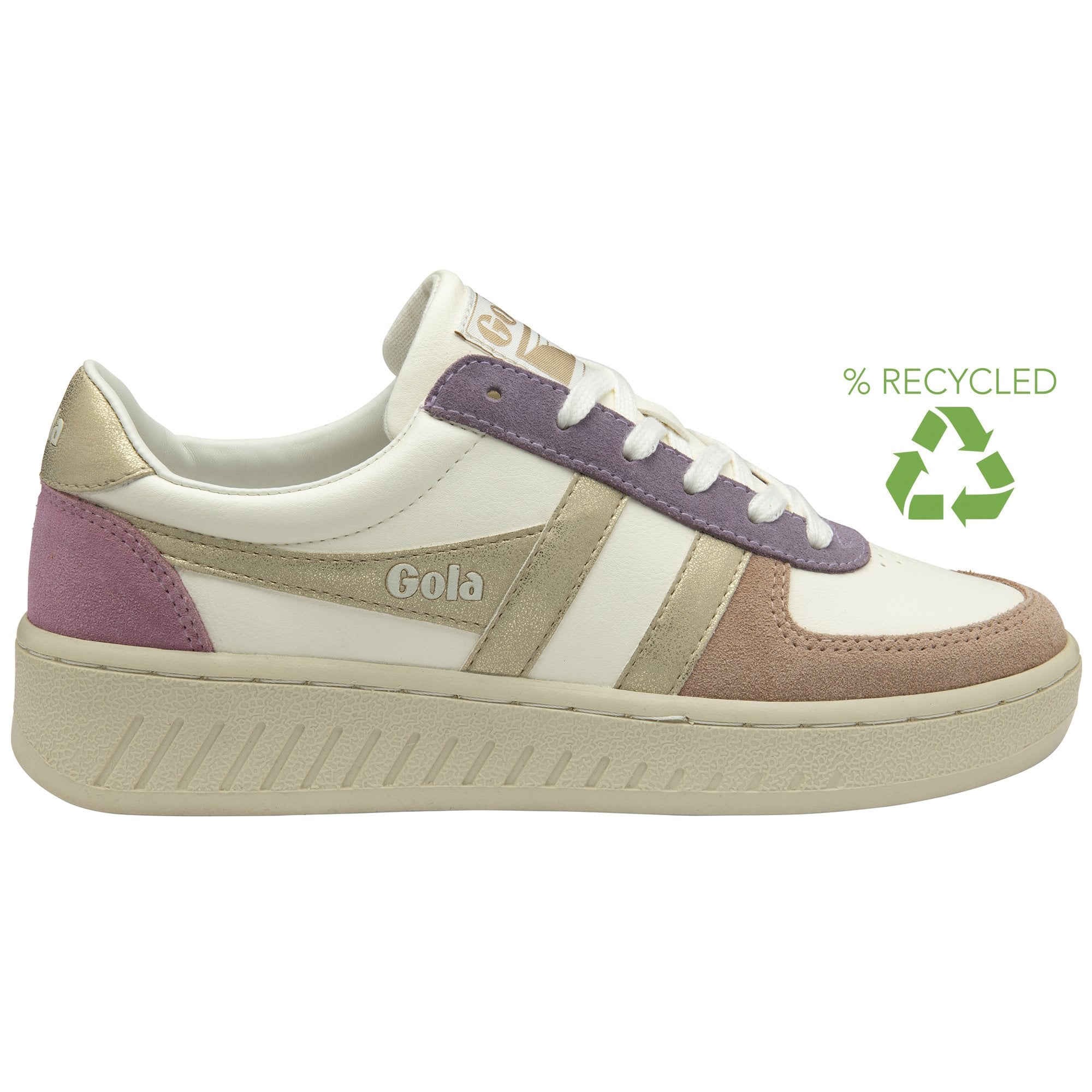 White, gold, and purple Gola sneakers with a green recycled symbol.