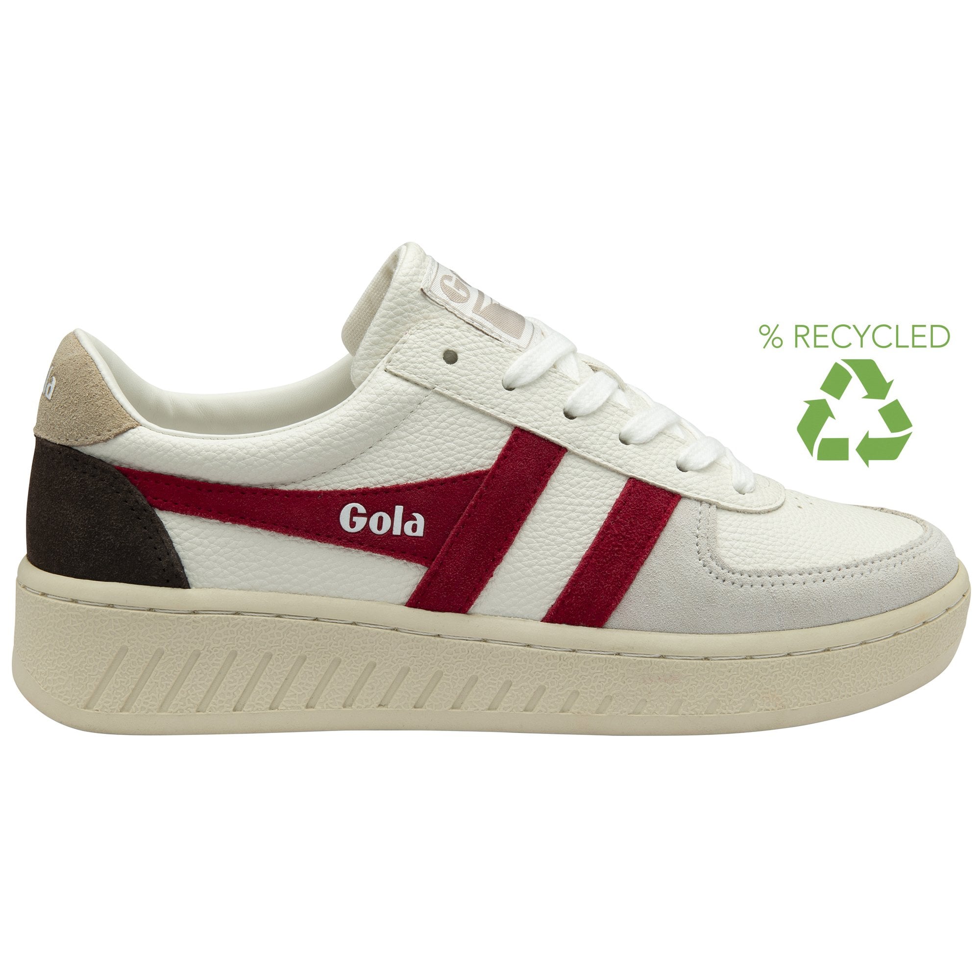 White Gola sneaker with red stripes and a recycled material symbol.