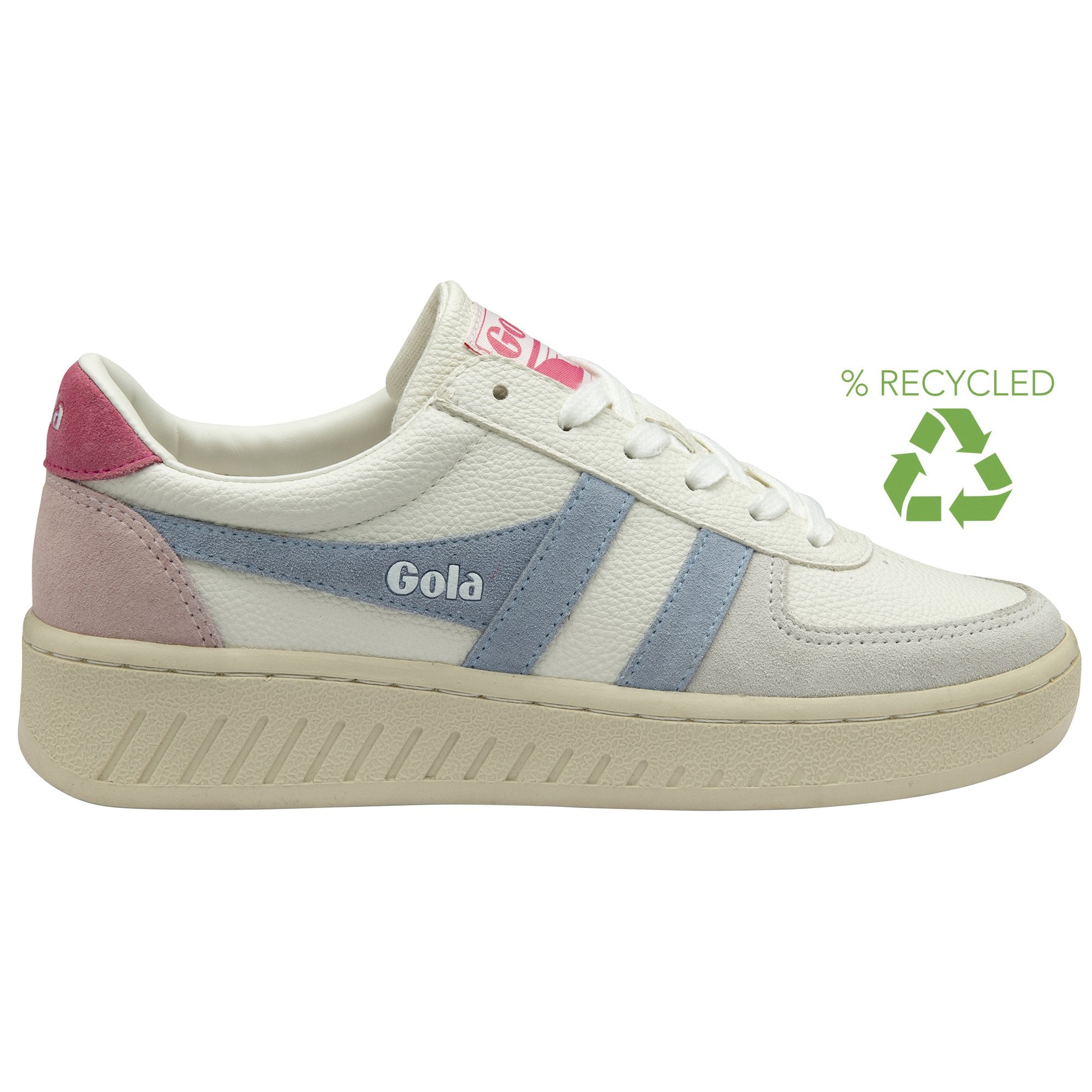 White Gola sneakers with blue and pink accents, and a green recycled symbol.
