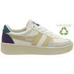 White Gola sneaker with gold stripes and purple accents, featuring a green recycled symbol.