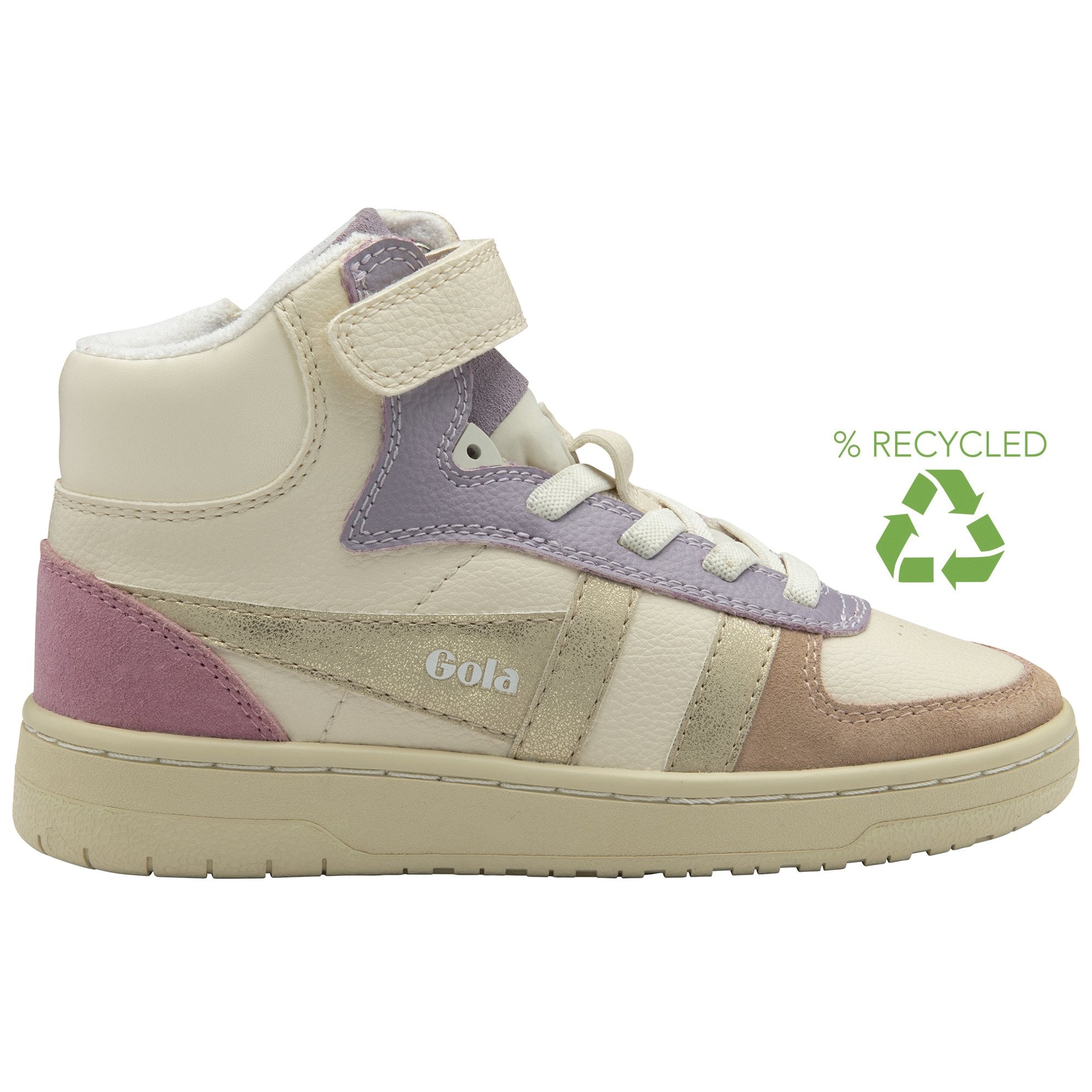 White high-top Gola trainer with pink, purple and gold accents and a recycling symbol on a white background