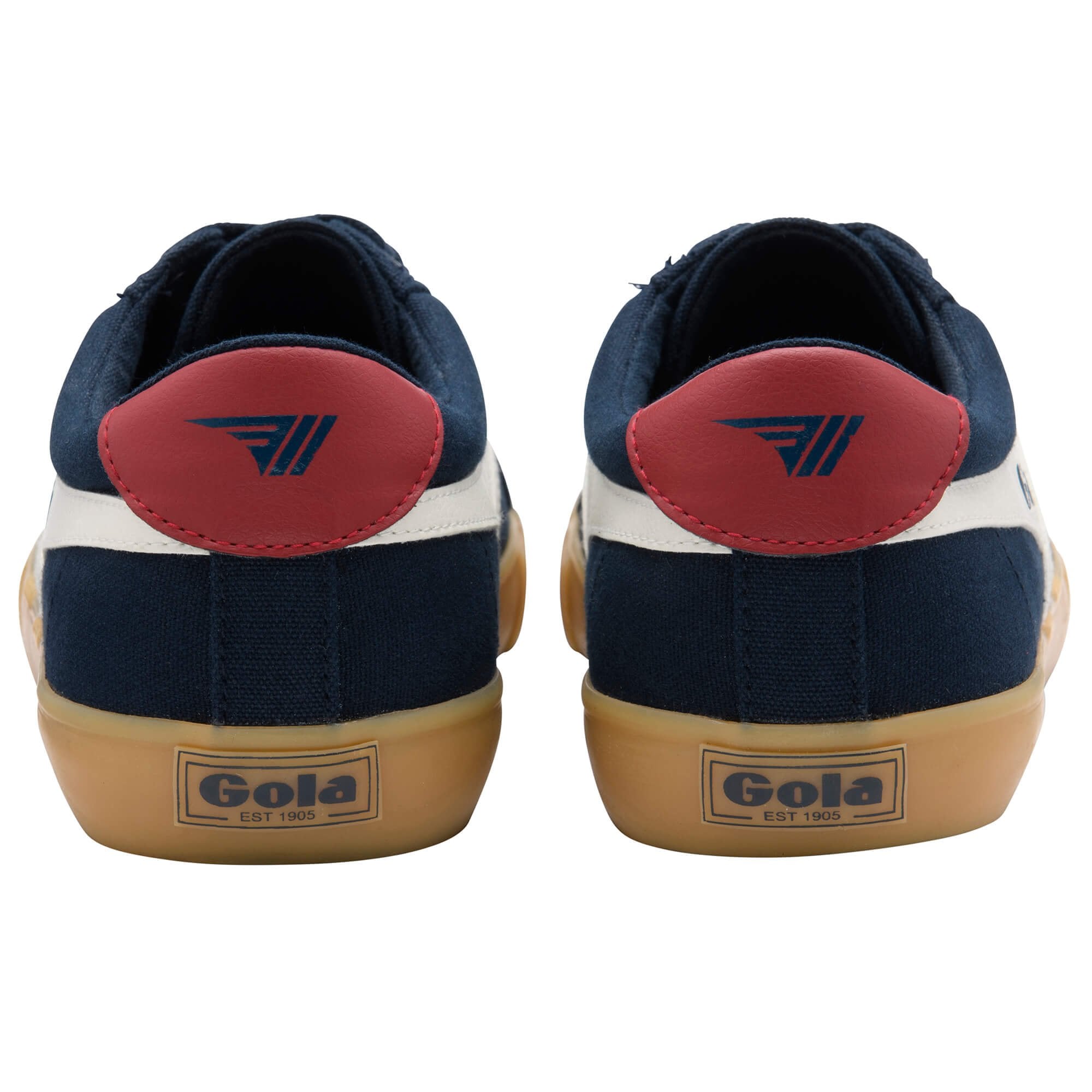 Navy blue and red Gola trainers on a white background