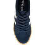 Overhead view of a navy blue Gola trainer with white stripes and a gum sole