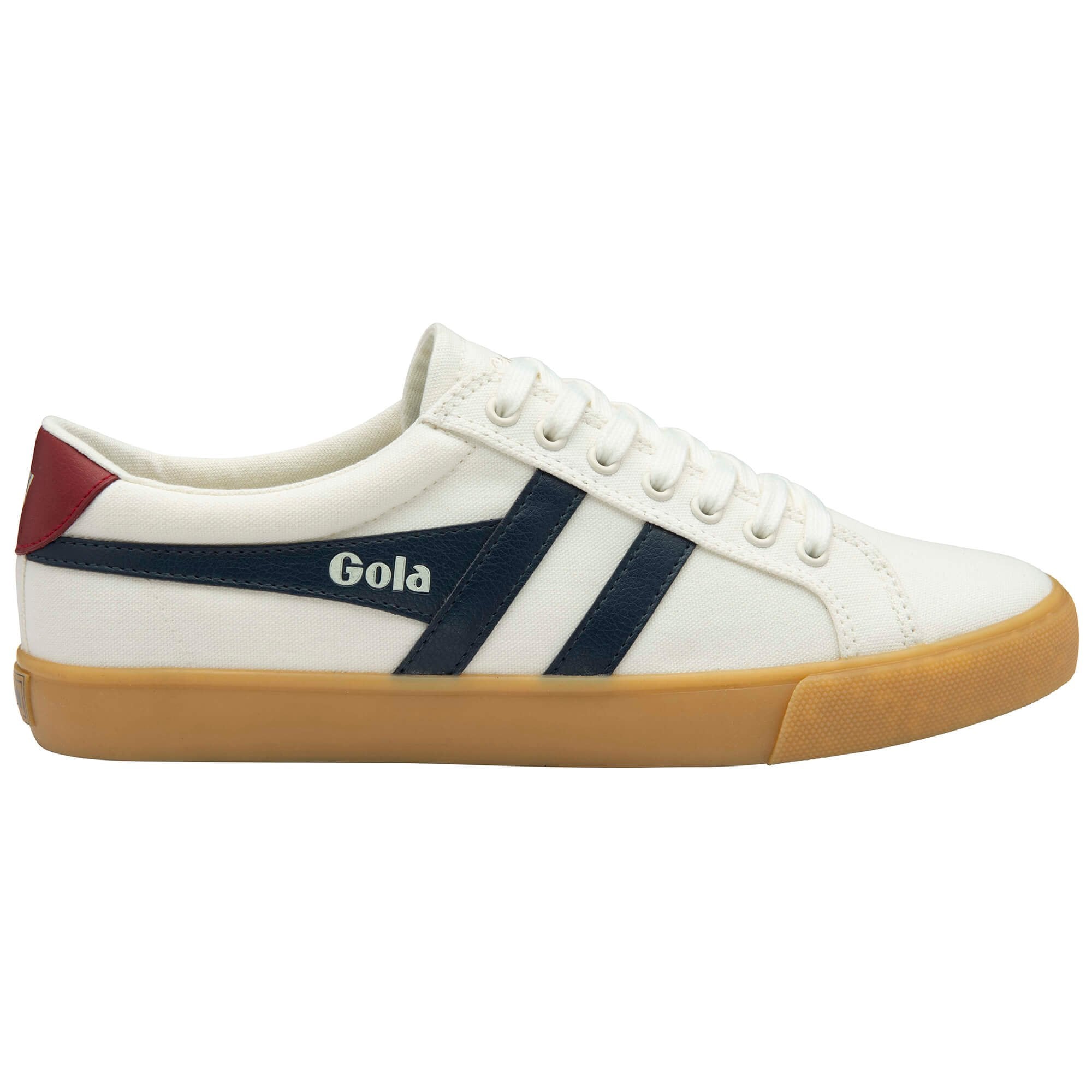 White trainer with navy stripes and red accents on a white background