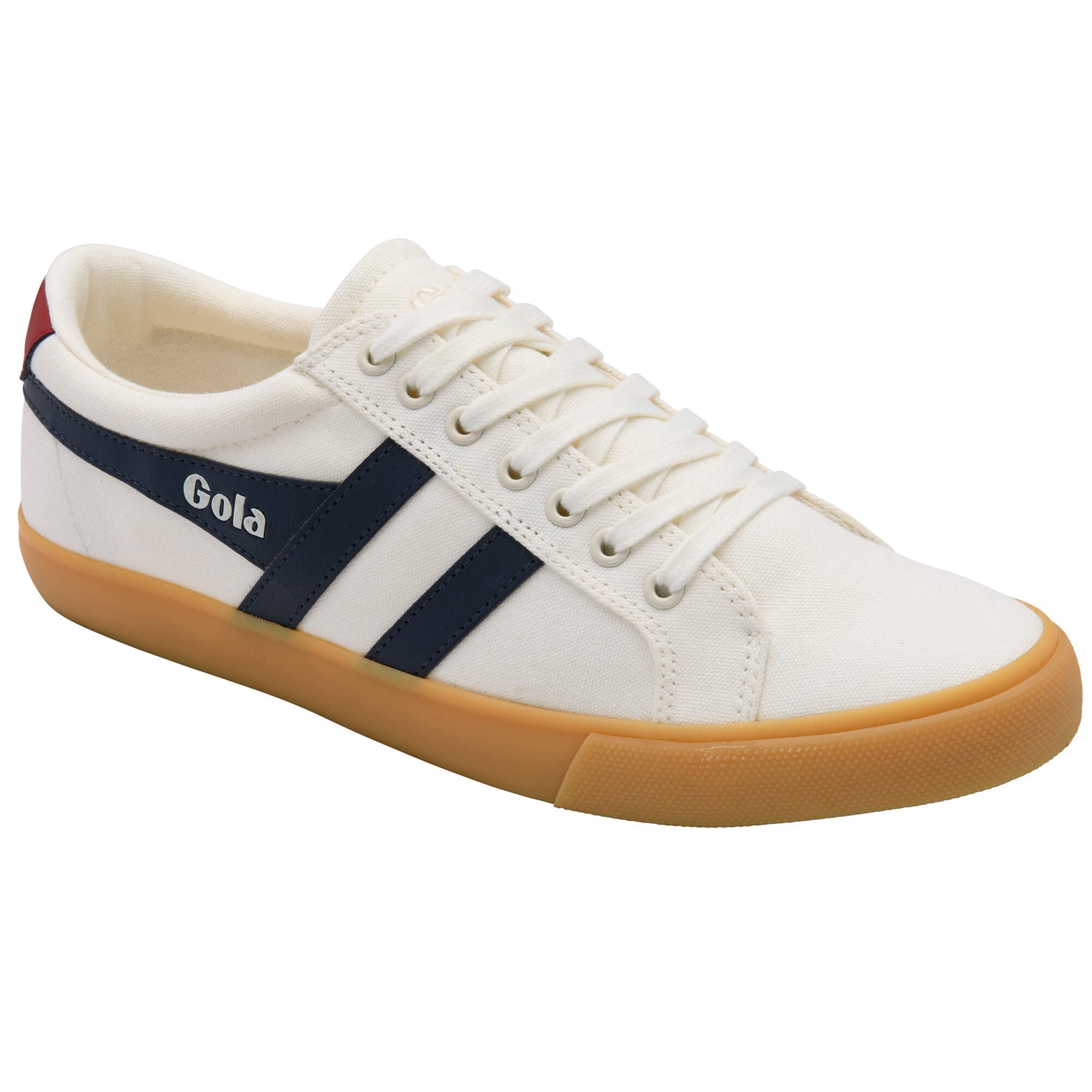 White trainer with a navy stripe and brown sole on a white background