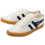 White trainers with navy stripes and brown soles on a white background