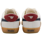Rear view of two white Gola trainers with red heel tabs and gum soles