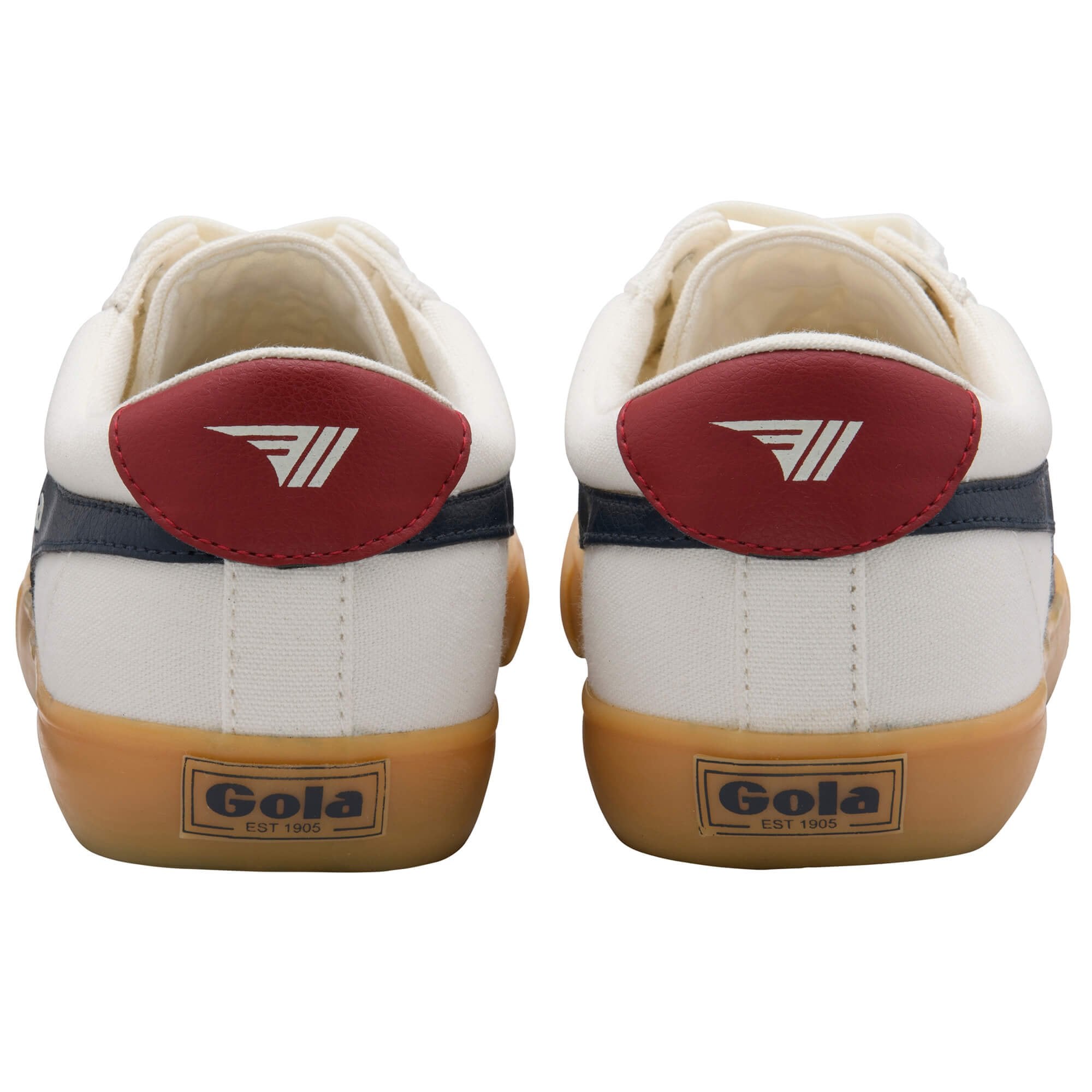 Rear view of two white Gola trainers with red heel tabs and gum soles