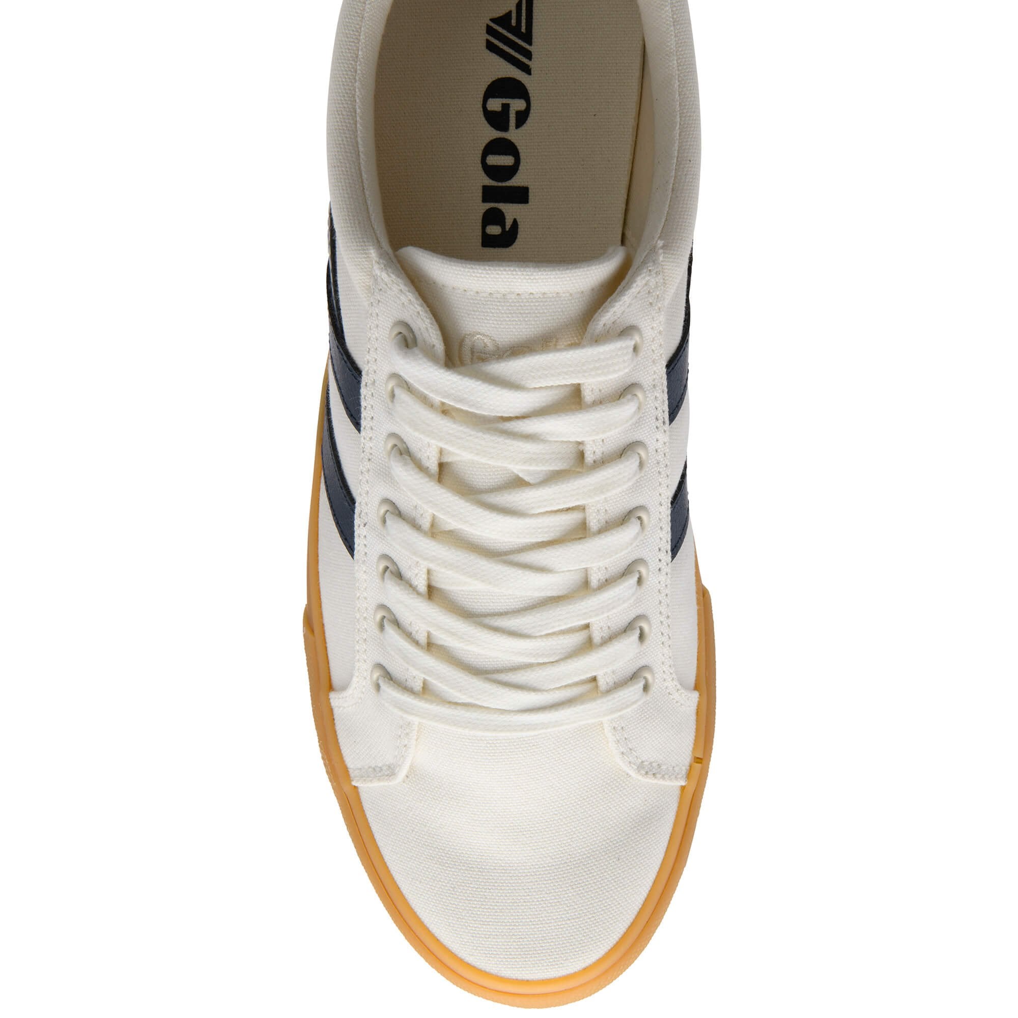 White trainer with navy accents and Gola logo on a white background