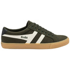 Green trainer with white stripes and brown sole on a white background