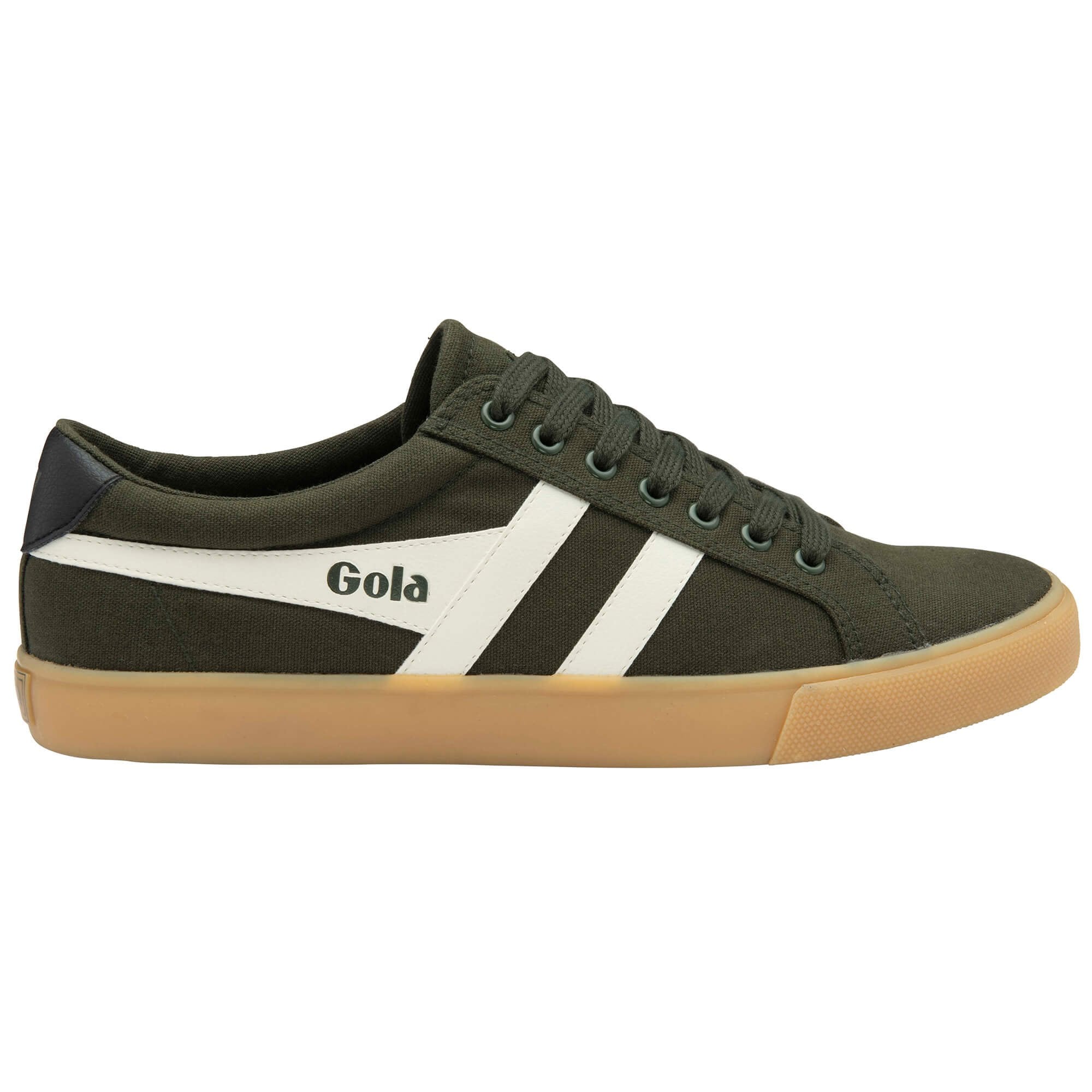 Green trainer with white stripes and brown sole on a white background
