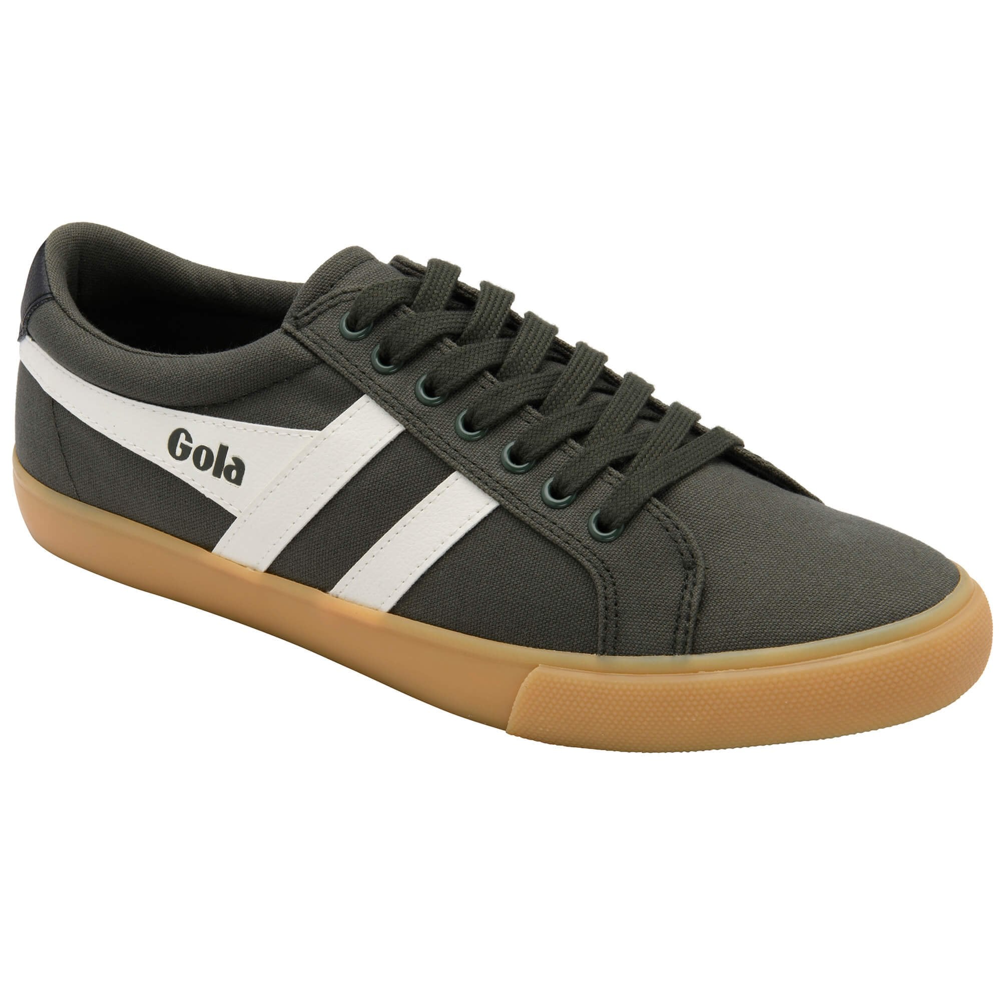 Gola men's trainers in dark green with white stripes and a brown rubber sole