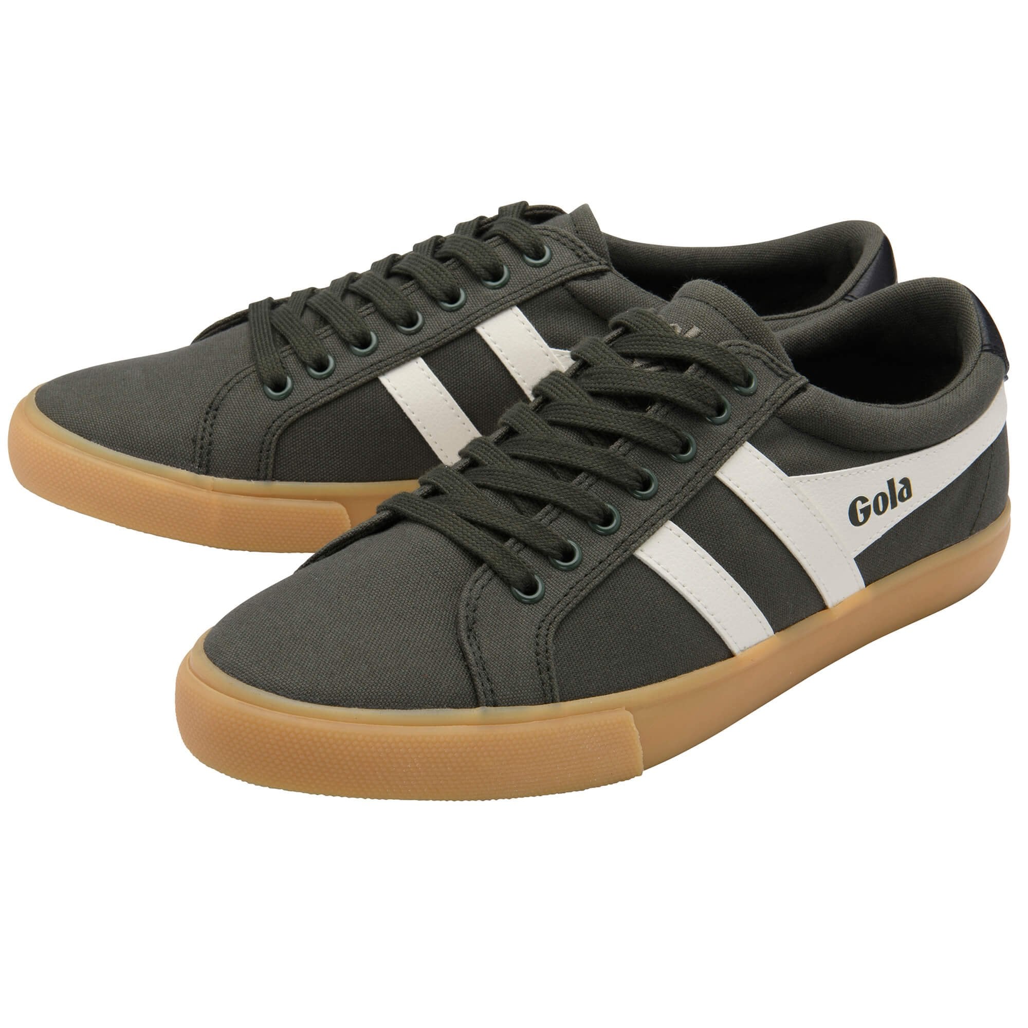 Pair of dark grey trainers with white stripes and brown soles on a white background