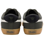 Pair of Gola trainers in dark green with white stripes and gum soles, rear view