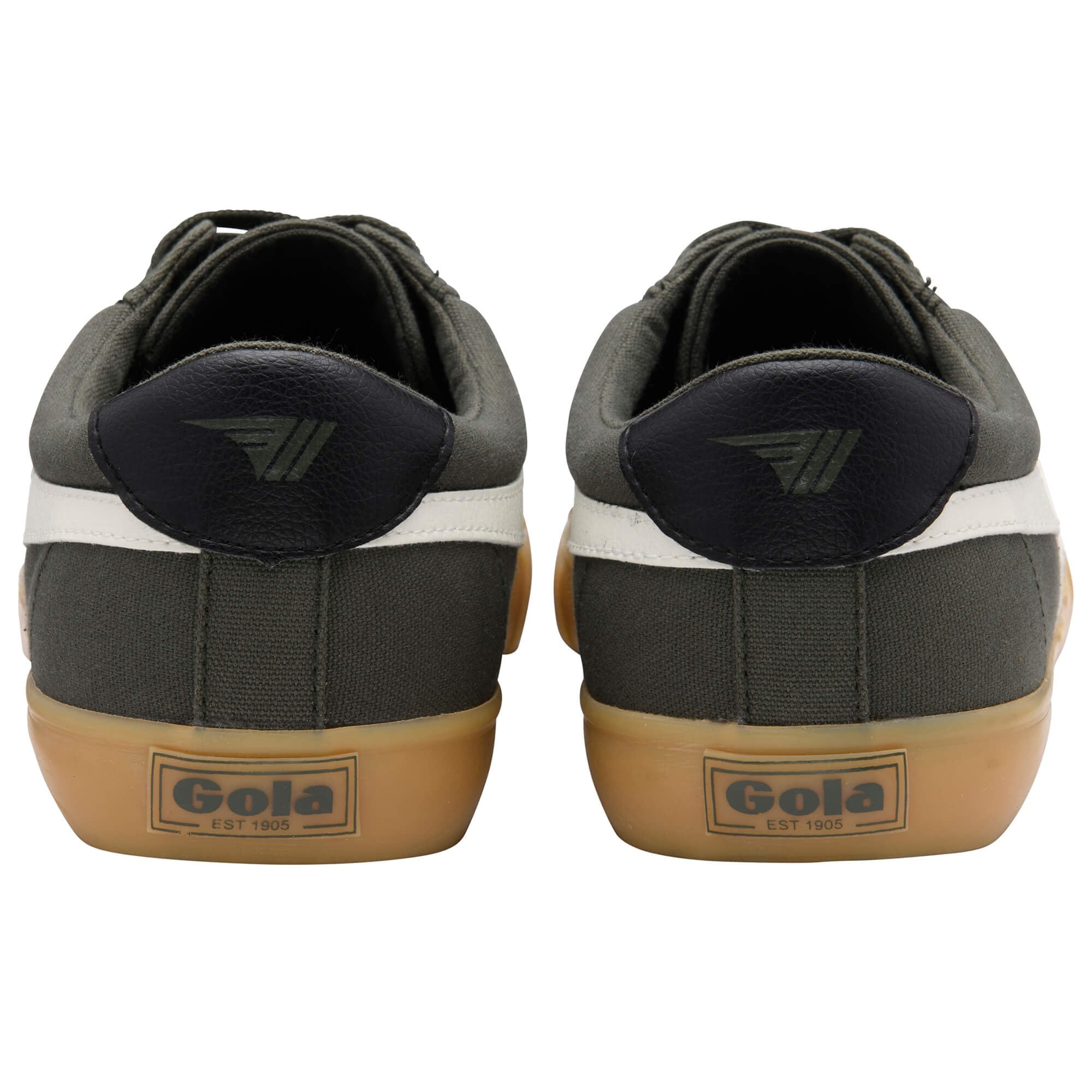 Pair of Gola trainers in dark green with white stripes and gum soles, rear view