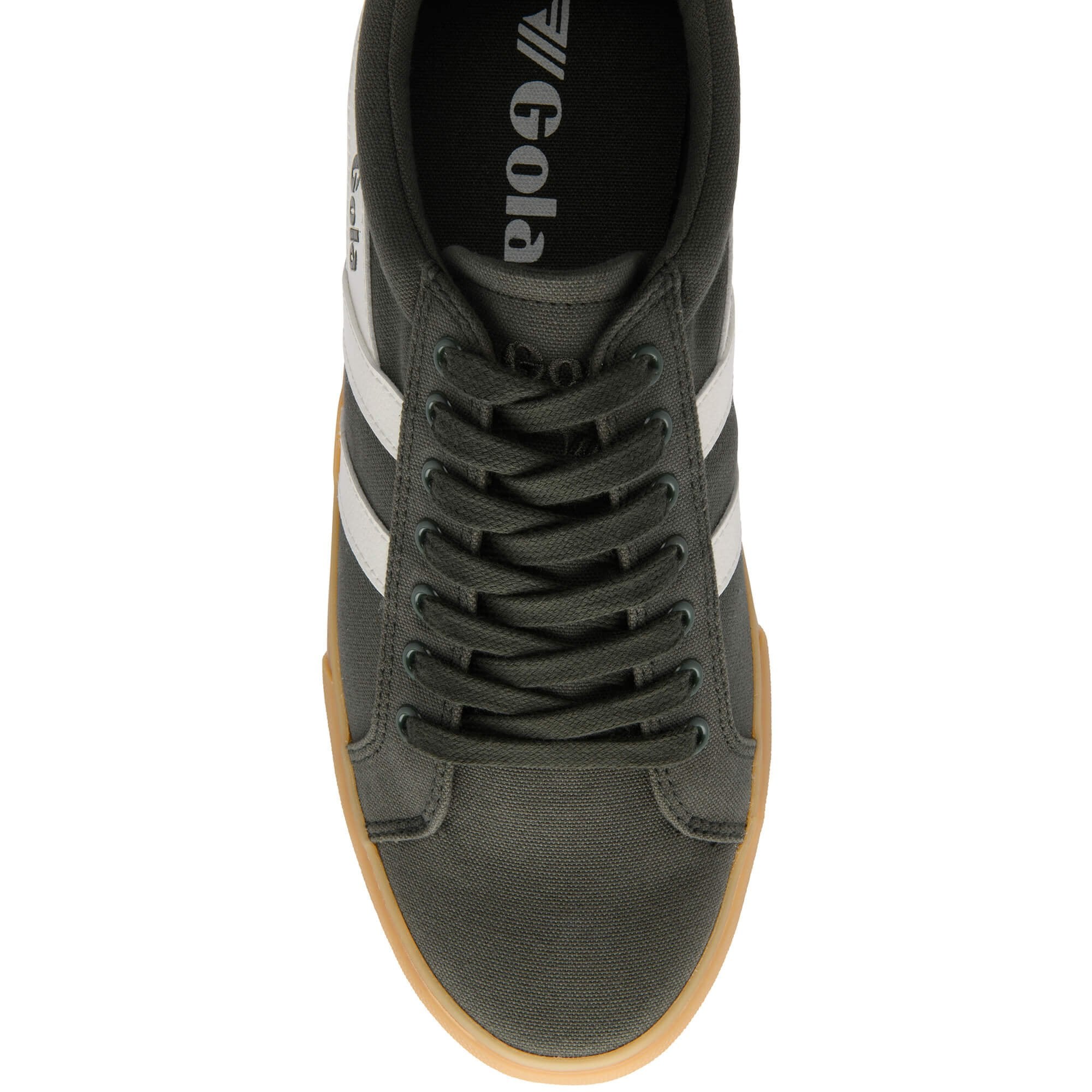 Dark grey trainer with white stripes and Gola logo on a white background