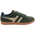 Green trainer with brown sole on a white background