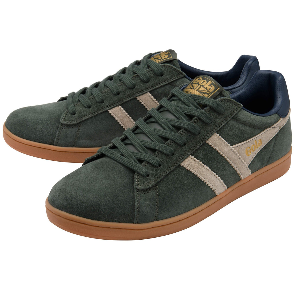 Pair of Gola trainers in dark green suede with beige stripes and gum soles