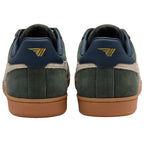 Green trainers with a gold logo on a white background