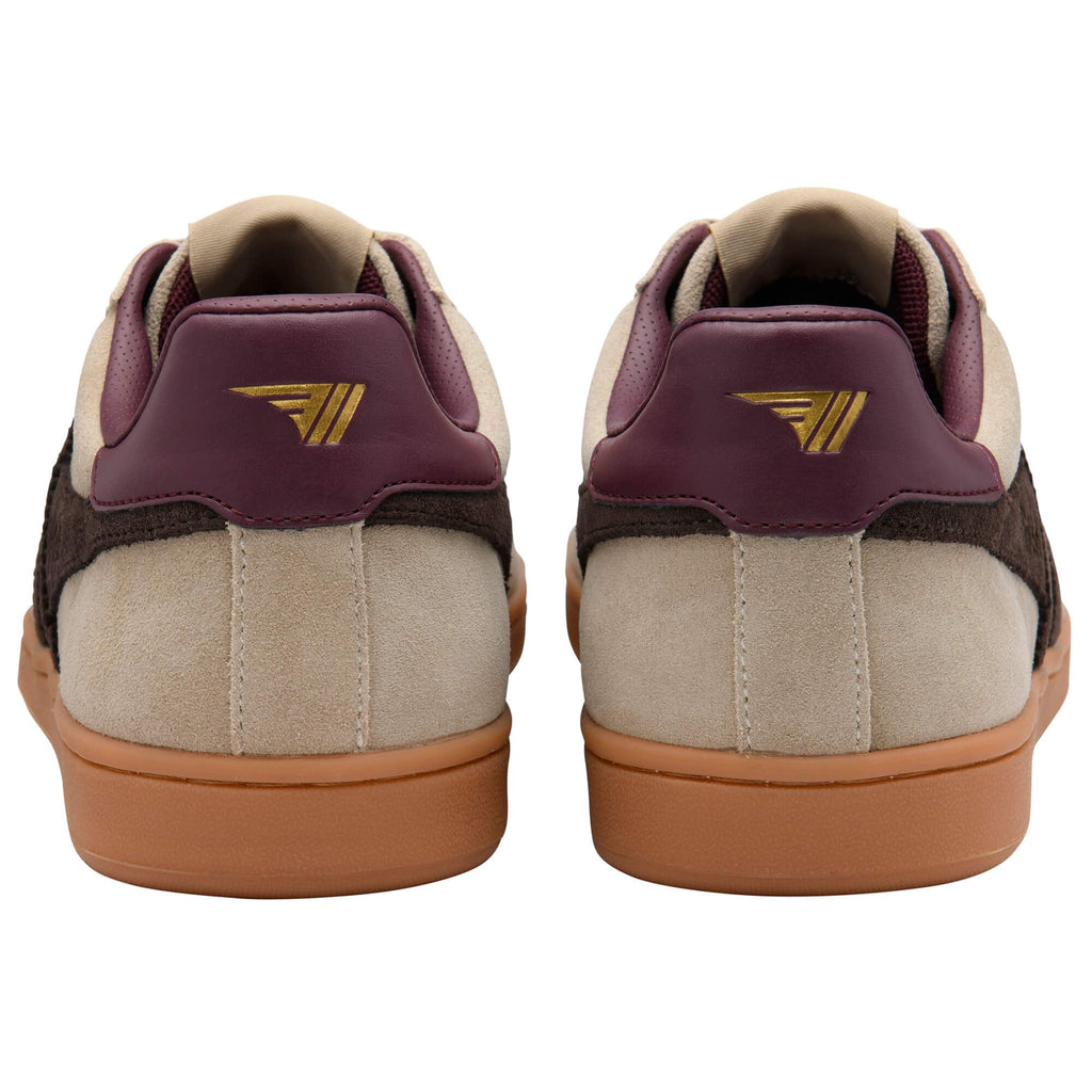 Pair of trainers with a maroon and brown design on a white background