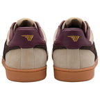 Pair of trainers with a maroon and brown design on a white background