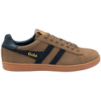 Brown trainer with navy stripes and 'Gola' branding on a white background