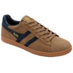 Brown trainer with navy accents on a white background