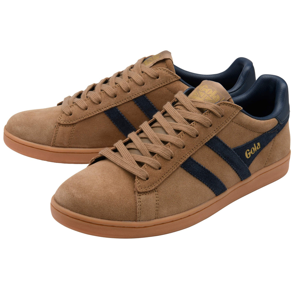 Brown trainers with navy stripes on a white background