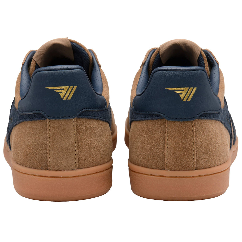 Brown and navy trainers with a gold logo on a white background