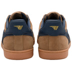 Brown and navy trainers with a gold logo on a white background