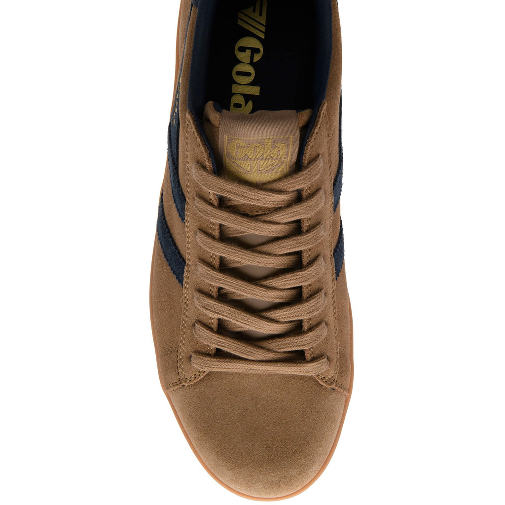 Brown trainer with gold Gola logo on a white background