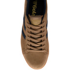 Brown trainer with gold Gola logo on a white background