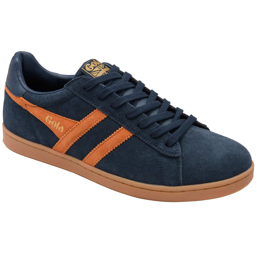 Navy blue trainer with orange stripes on a white background