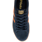 Navy blue Gola trainer with orange stripes and a gum sole