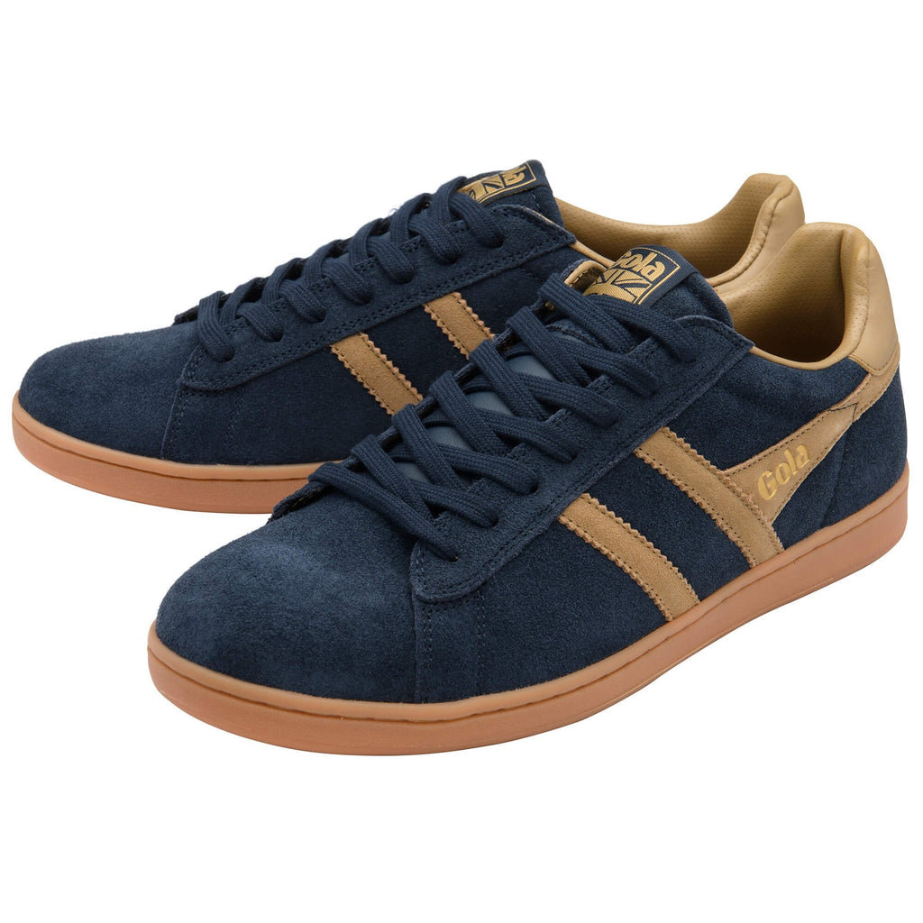 Navy blue trainers with tan accents on a white background