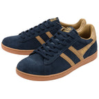 Navy blue trainers with tan accents on a white background