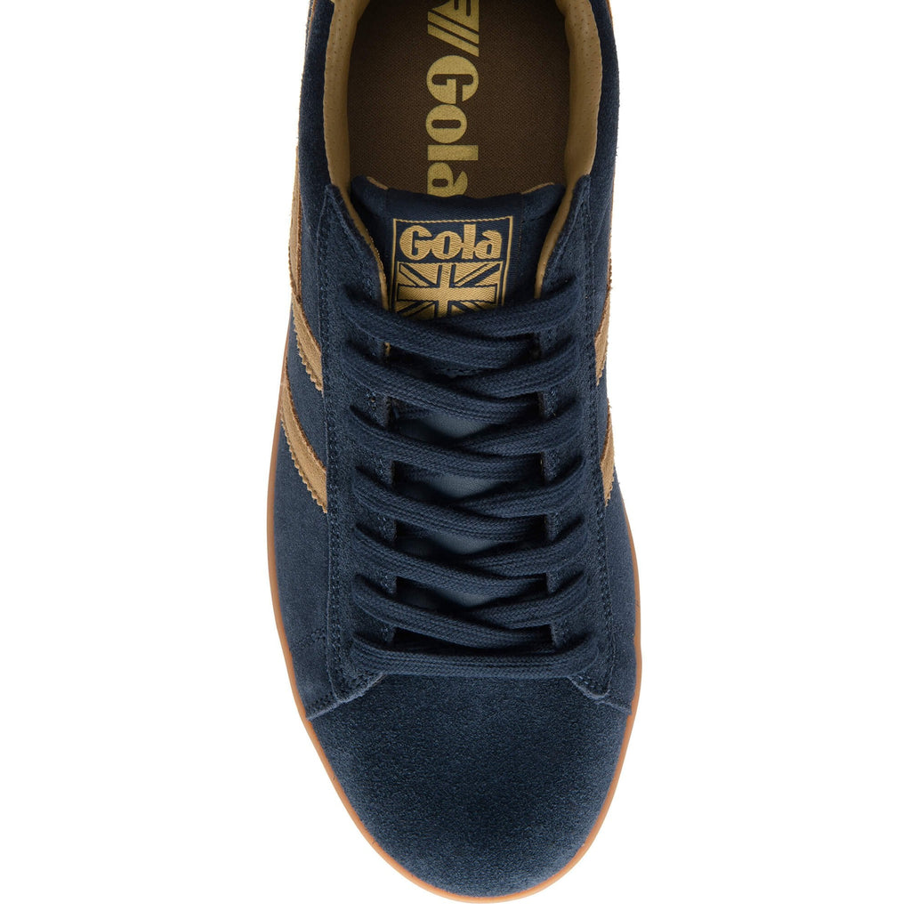 Navy blue suede Gola trainer with tan stripes and gum sole