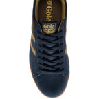 Navy blue suede Gola trainer with tan stripes and gum sole