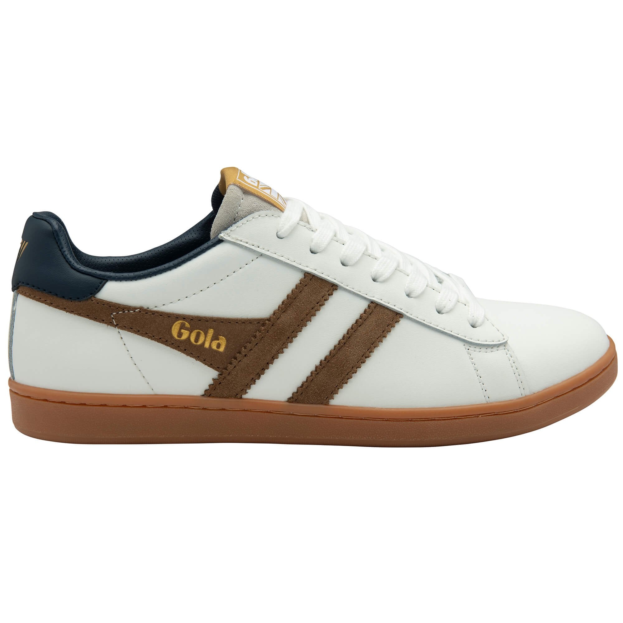 White trainer with brown accents and 'Gola' branding on a white background