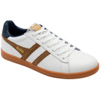 White trainer with brown accents and navy heel tab on a white background