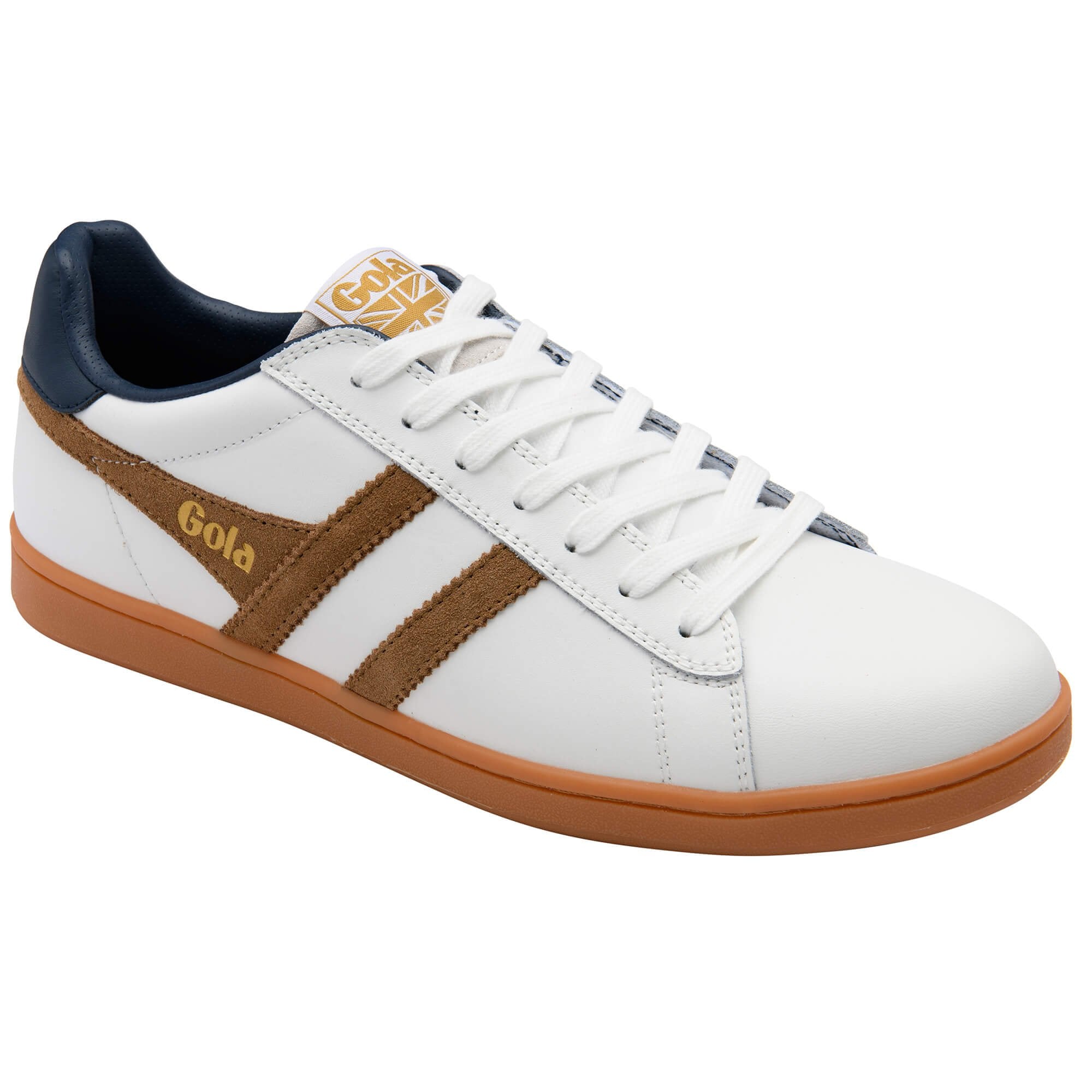 White trainer with brown accents and navy heel tab on a white background