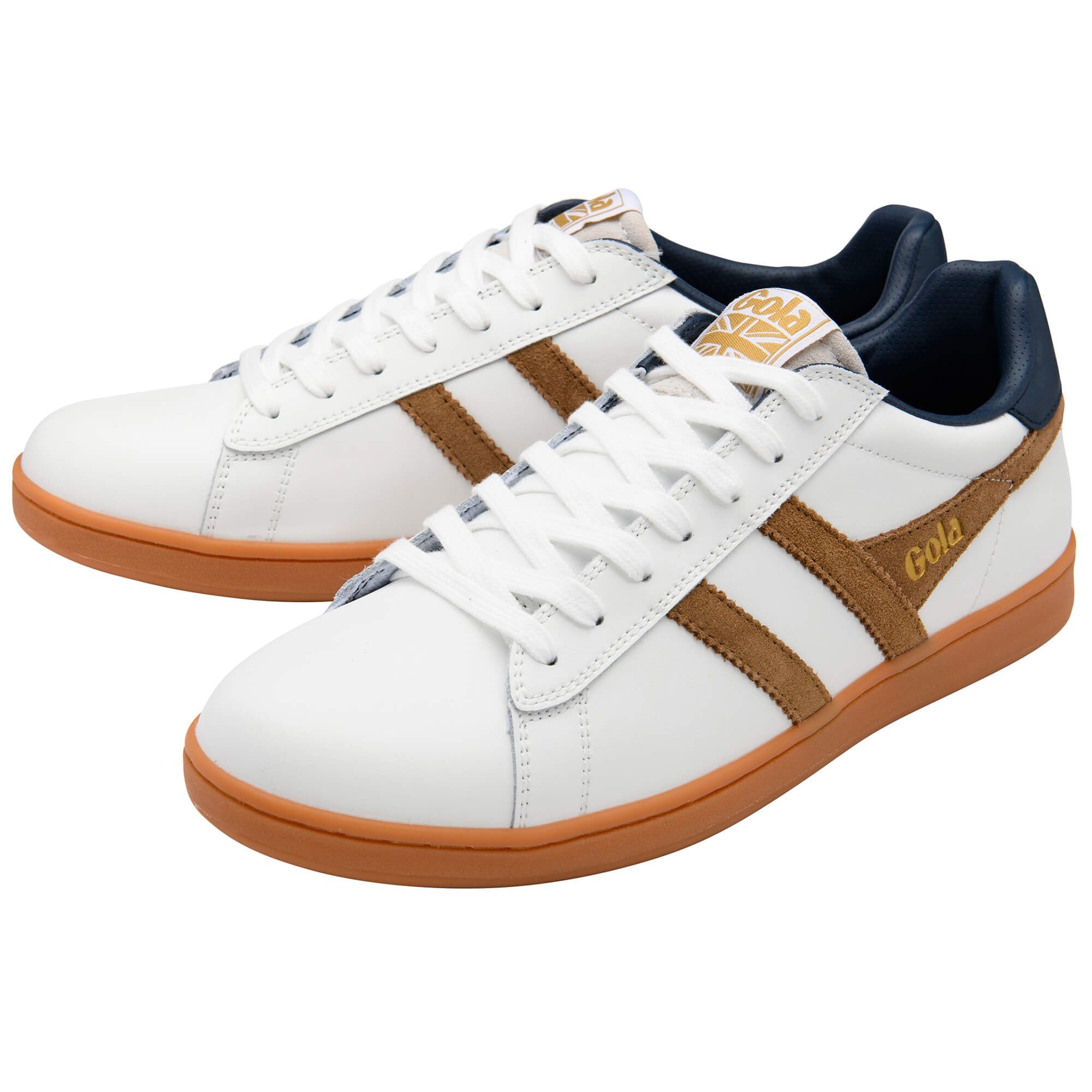 White trainers with brown stripes and sole on a white background