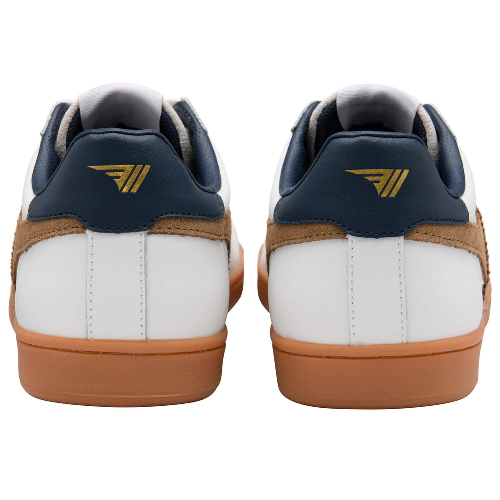 Pair of white trainers with brown suede accents, navy blue heel tabs with a gold logo, and gum soles