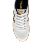 White trainer with brown accents and Gola branding on a white background