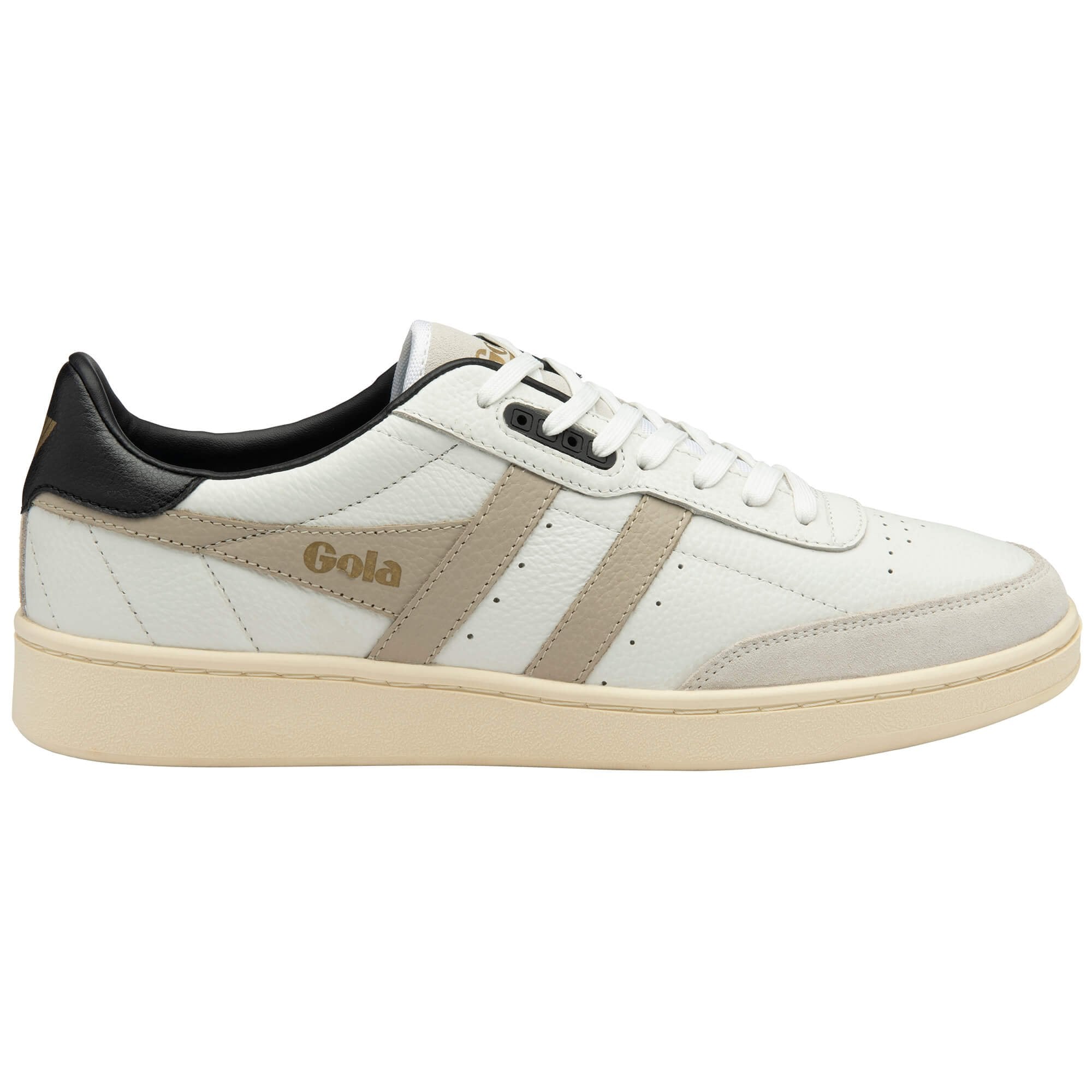 White trainer with black and beige accents on a white background